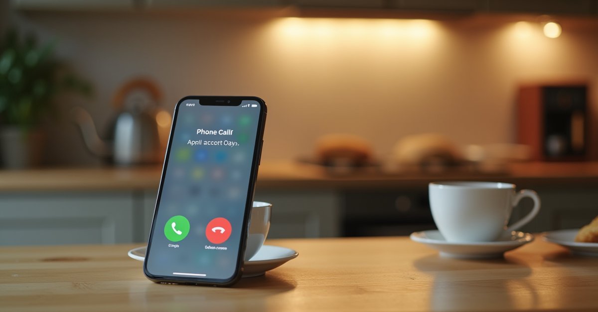 Smartphone on a kitchen worktop showing an incoming call screen with an unknown number