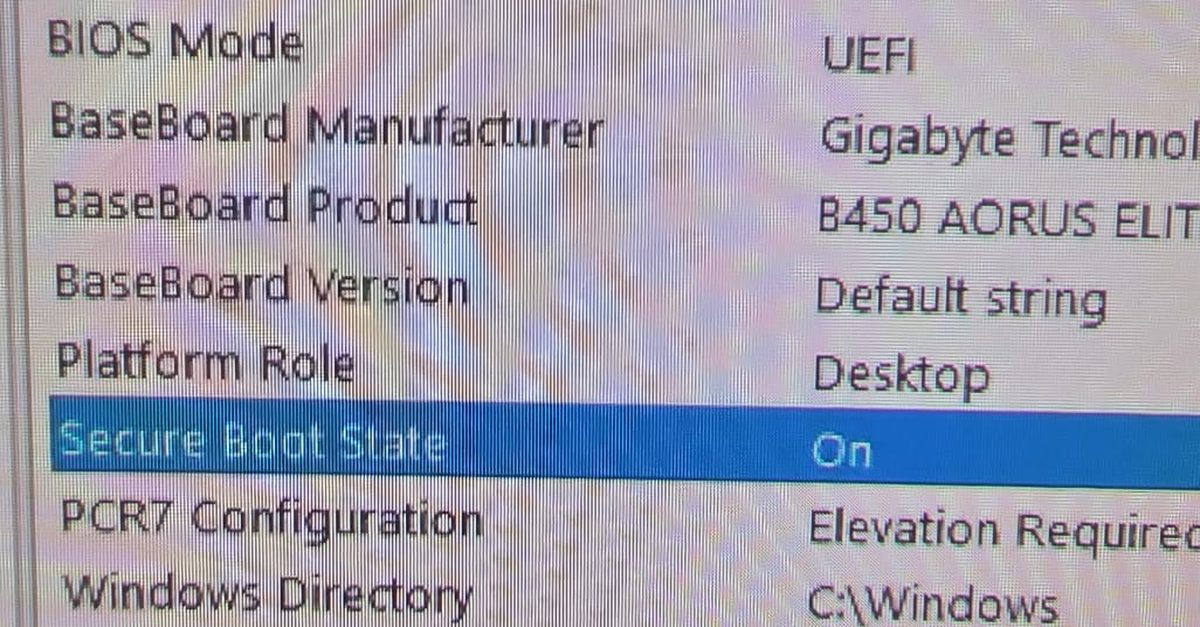 System Information on the repaired PC: BaseBoard Product B450 AORUS ELITE, BIOS Mode UEFI, Secure Boot State On