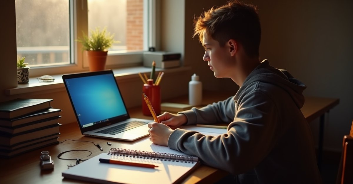 Teenager at a wooden desk with an open laptop, school notebook and pencil case, warm window light from the side