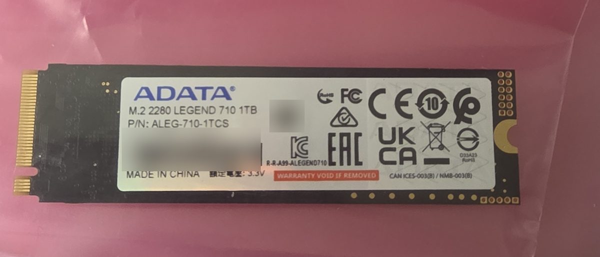 The failed ADATA Legend 710 1TB M.2 2280 NVMe SSD, serial number blurred