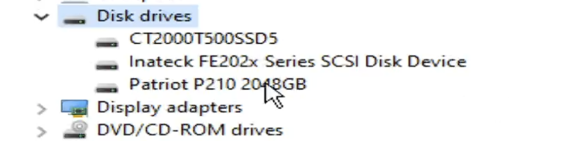 Device Manager in Hiren's BootCD PE with the ADATA removed, showing the Crucial CT2000T500SSD5 and Patriot P210 2048GB working