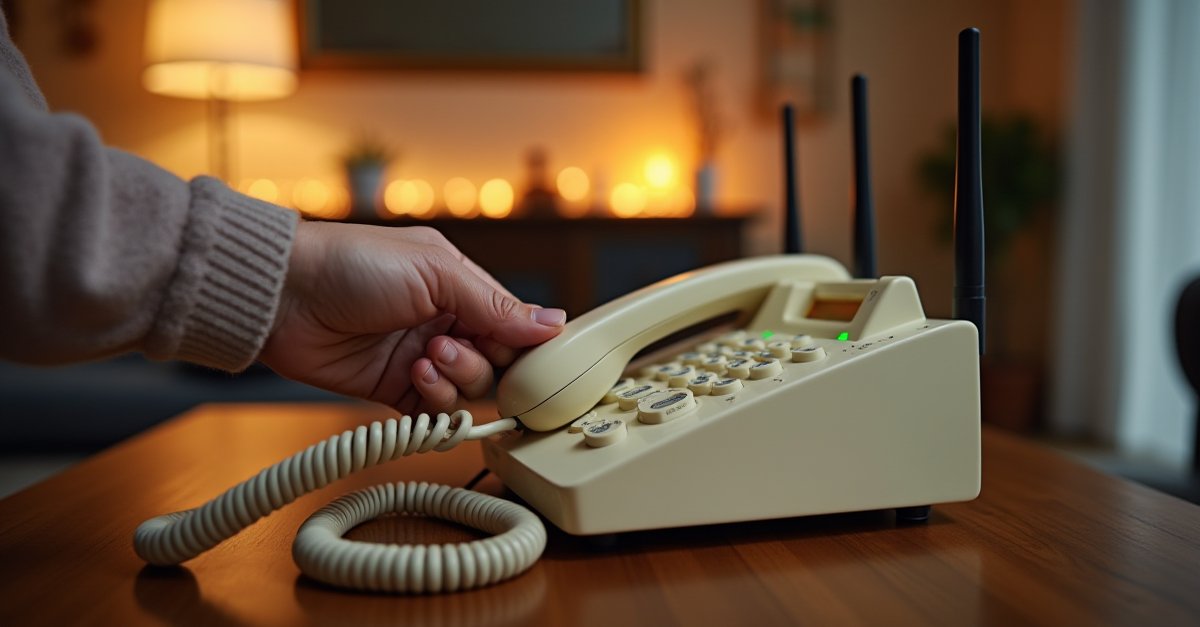 Traditional corded home telephone next to a broadband router