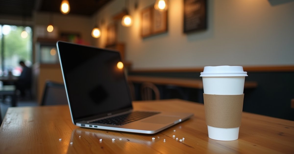 Laptop open at a coffee shop table with a cup of coffee, public Wi-Fi sign in background