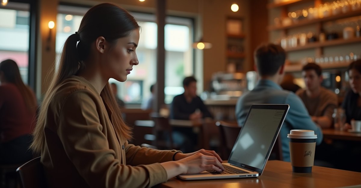 Person on a laptop at a coffee shop, public Wi-Fi router visible in background