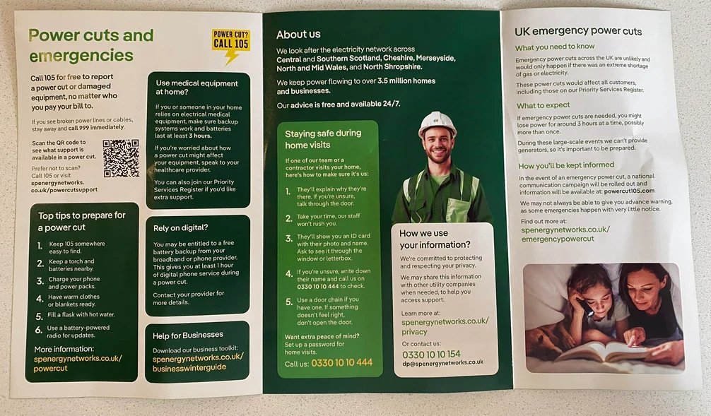 Inside pages of the SP Energy Networks power cut booklet, showing several spenergynetworks.co.uk web addresses and the 105 power cut number