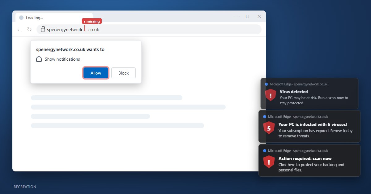 Recreation of a browser on a lookalike address missing one letter, asking to show notifications, with fake virus warnings stacked in the corner of the screen