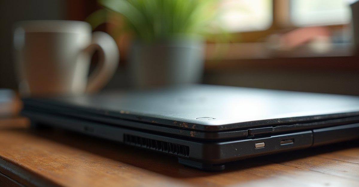 Old worn black business laptop circa 2014 open on a wooden desk next to a cup of tea