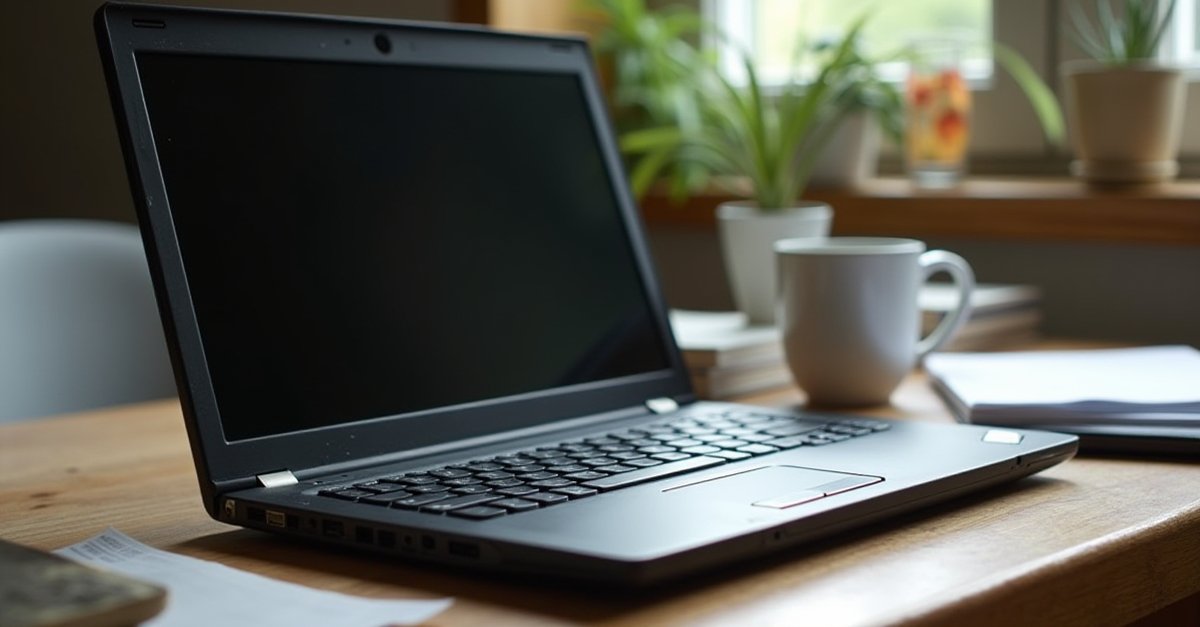 Old worn black business laptop on a wooden desk with a cup of tea