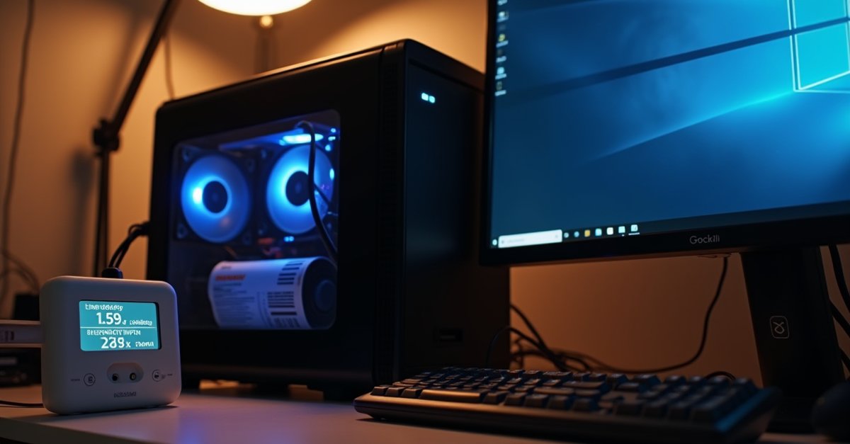 Desktop PC tower on a home desk next to a British electricity bill and a plug-in energy meter