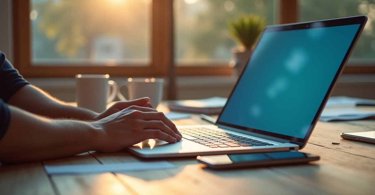 Hands on a laptop keyboard with the screen glowing blue in a home office