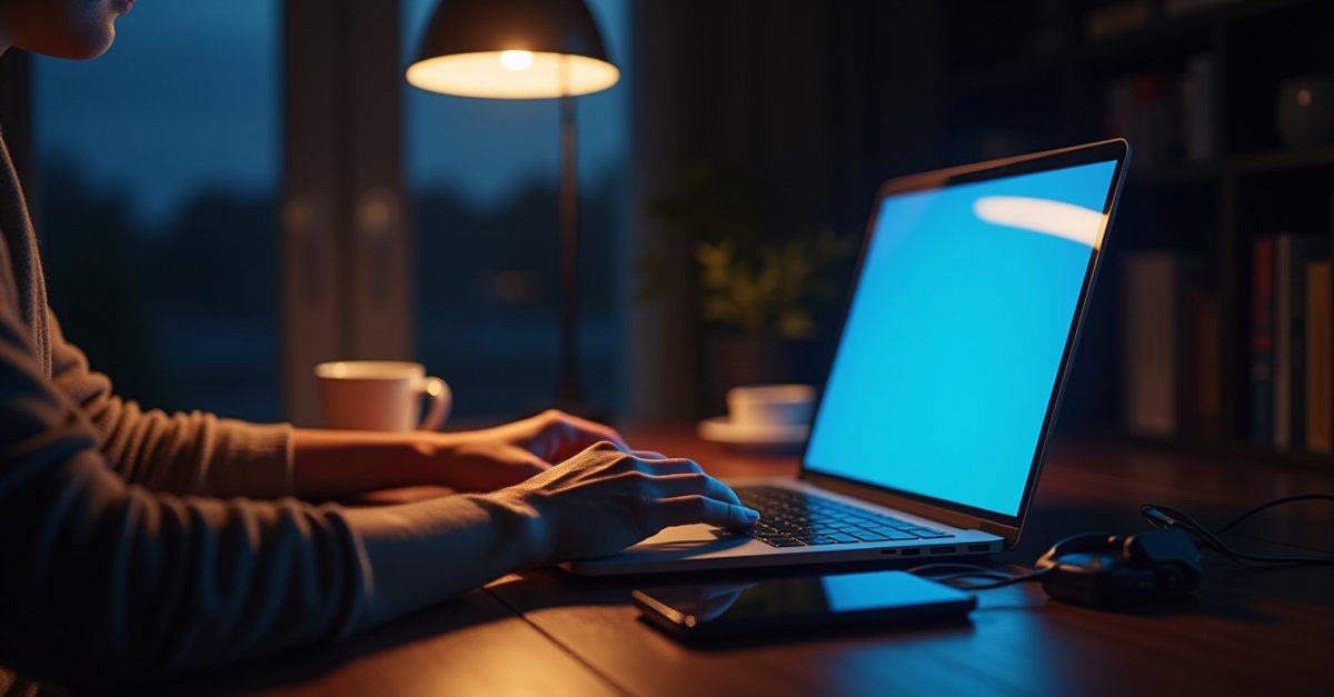 Laptop on a desk in a home office with its screen casting a blue glow, ready for a Windows update