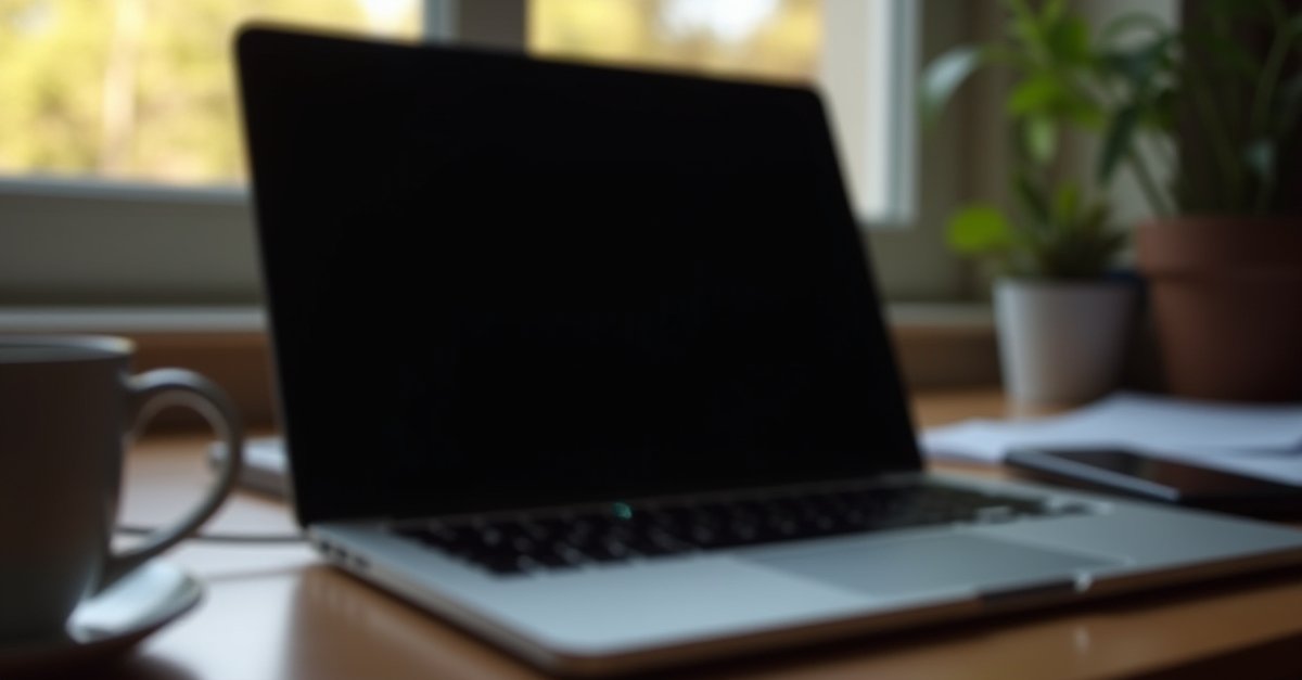 Laptop on desk with black screen but power light still glowing