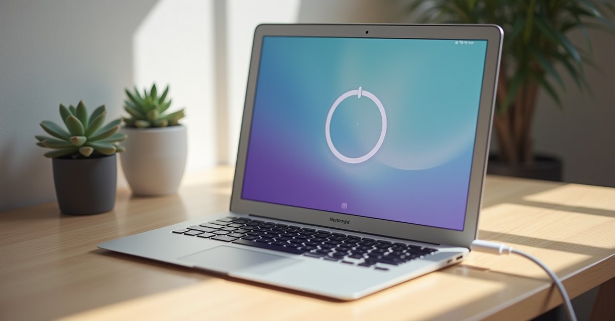 MacBook on a wooden desk with the screen showing a colourful loading bar against a dark background