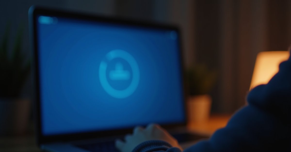 A person looking frustrated at a laptop showing a blue loading screen
