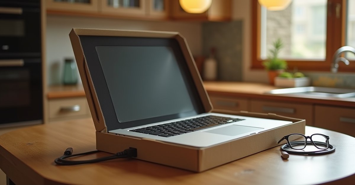 New laptop being unboxed and set up on a desk