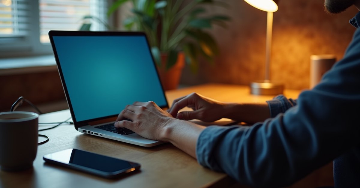 Person at a desk with a laptop showing a blue update screen glow in a home office