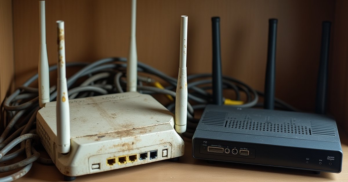 Dusty Wi-Fi router with multiple Ethernet cables plugged into the back