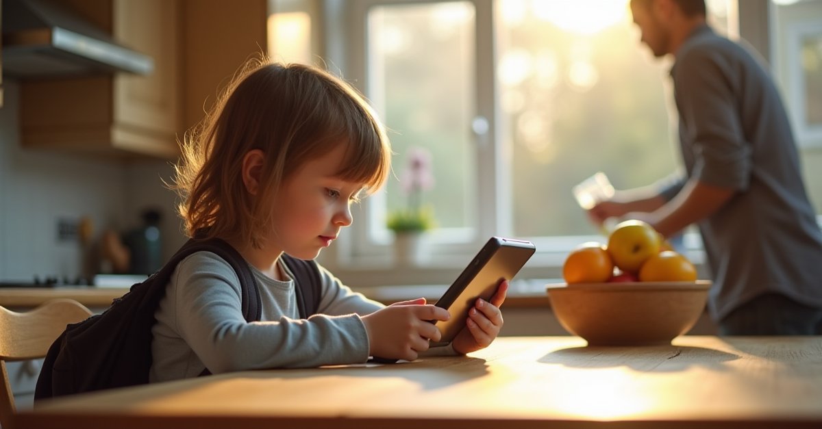 Child using a tablet at a kitchen table with a parent visible in the background near the window