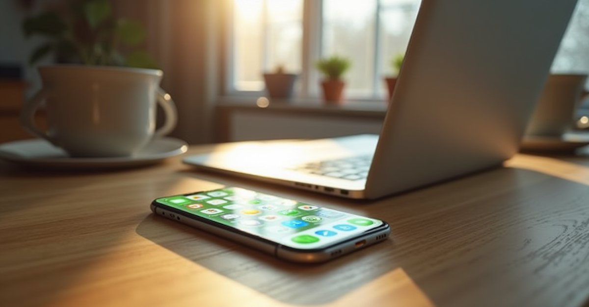 Smartphone and laptop on a kitchen table, password manager app visible on phone screen