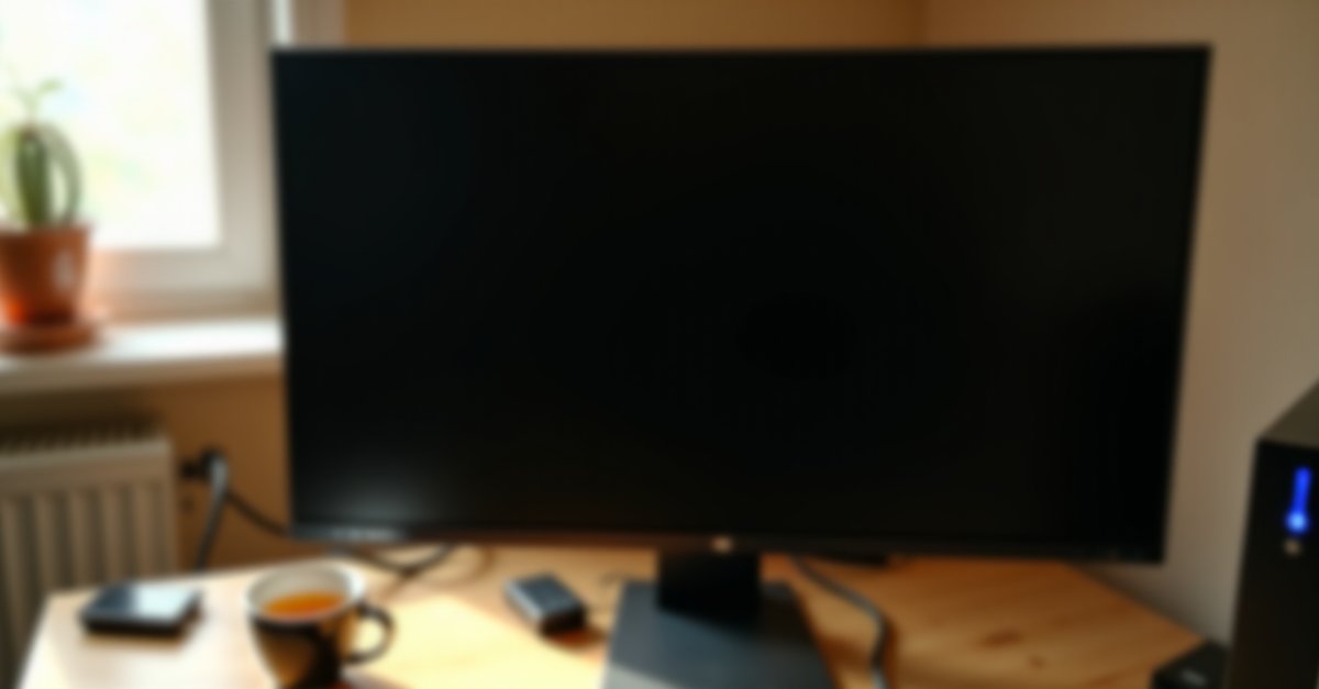 Desktop PC on a desk with the power LED glowing and the monitor screen dark