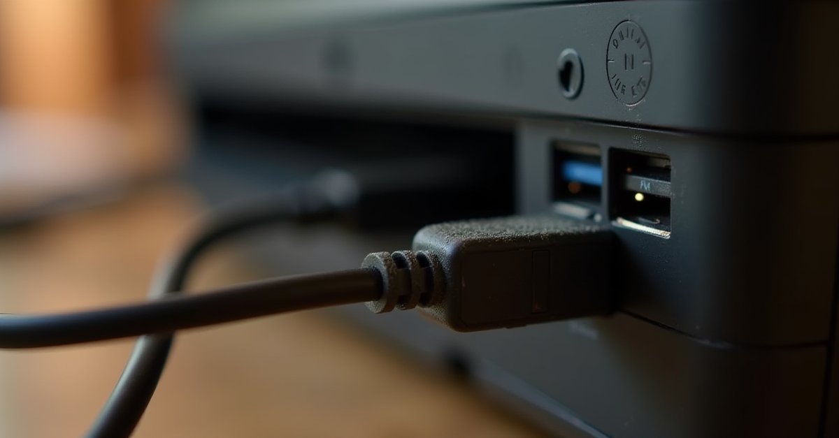 USB-B cable plugged into back of inkjet printer