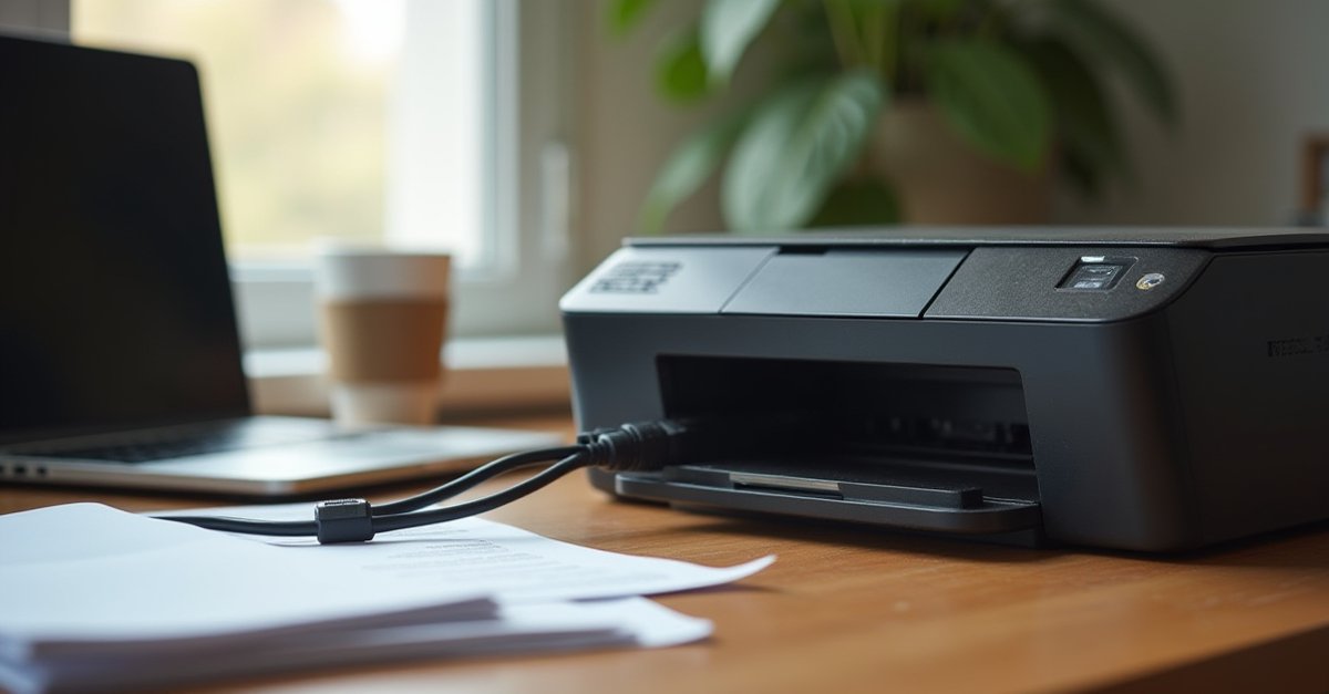 Inkjet printer connected to laptop on a desk, USB cable visible