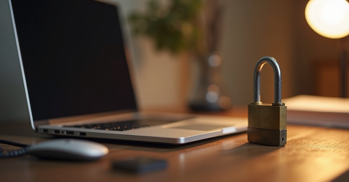 A laptop on a desk with a padlock next to it