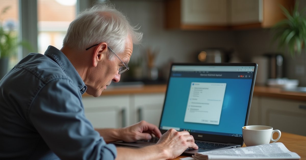 A person checking their laptop settings at a kitchen table