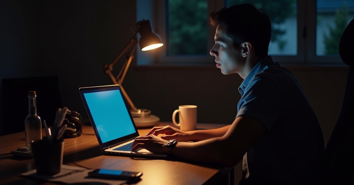 Person sitting at a home office desk checking their laptop, blue screen glow on their face, evening lighting