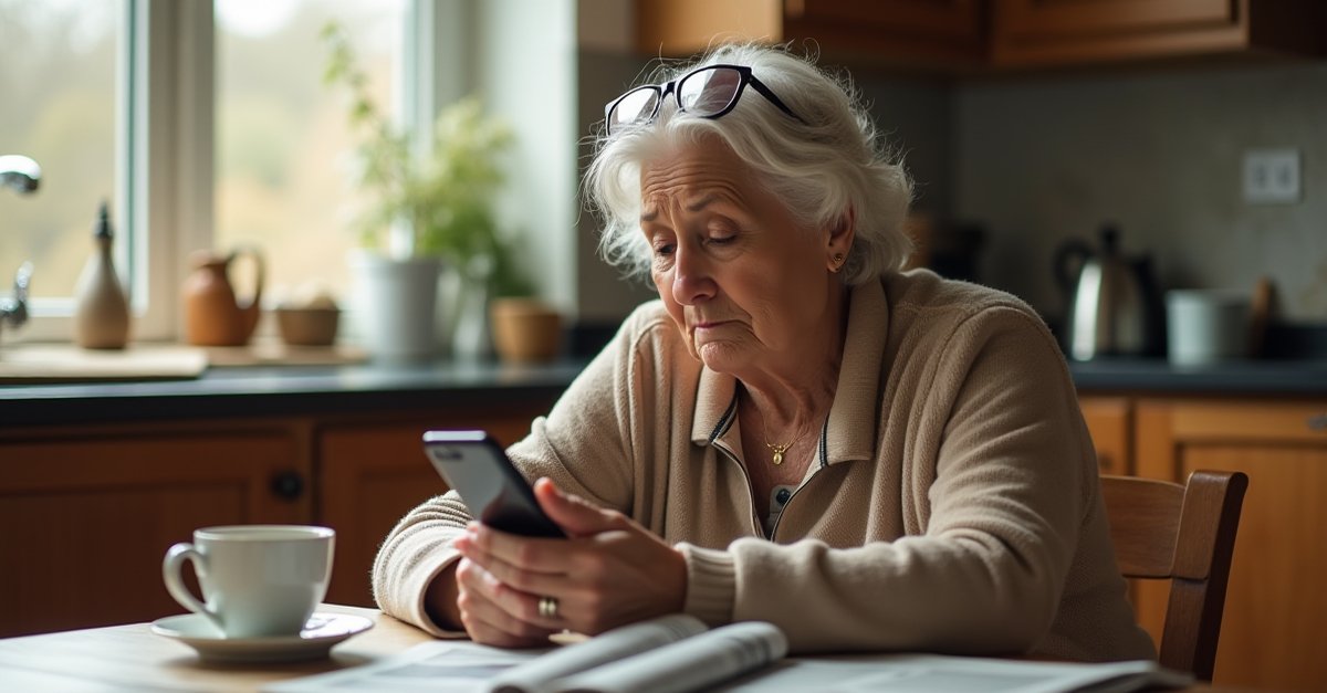Older person looking concerned at an incoming call on their phone, kitchen table, natural light