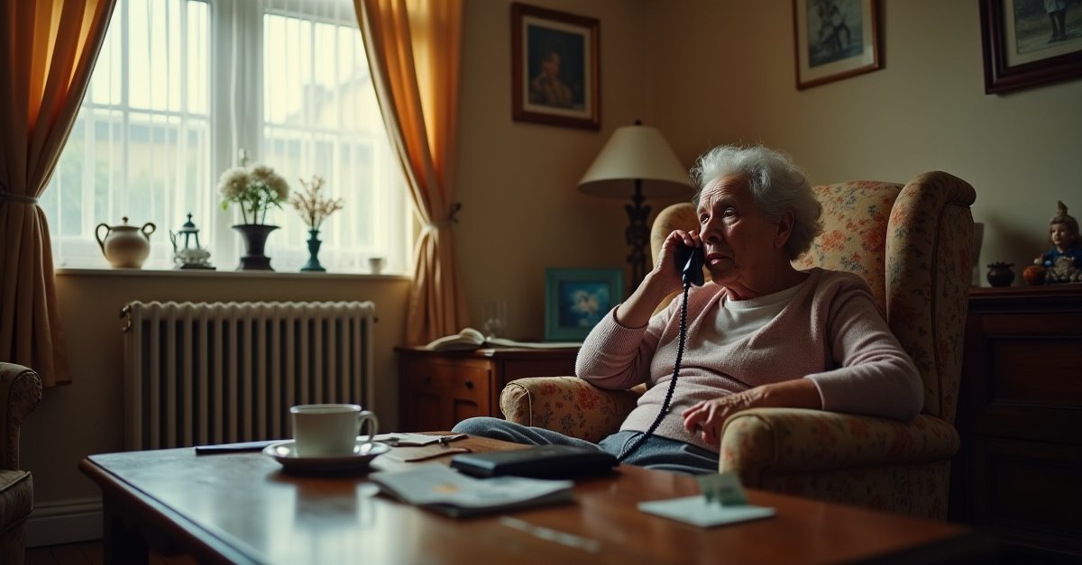 Elderly woman looking worried on the phone with cash on the table beside her