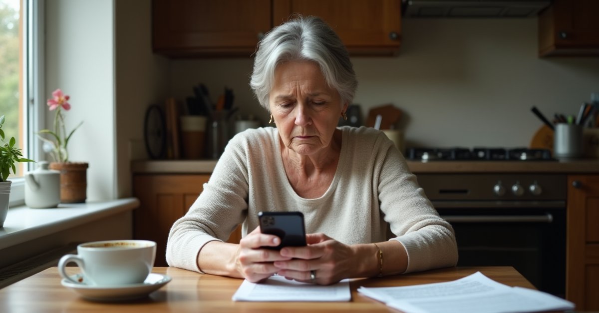 Woman sitting at a kitchen table looking concerned at a text message on her phone, utility bills on the table beside her