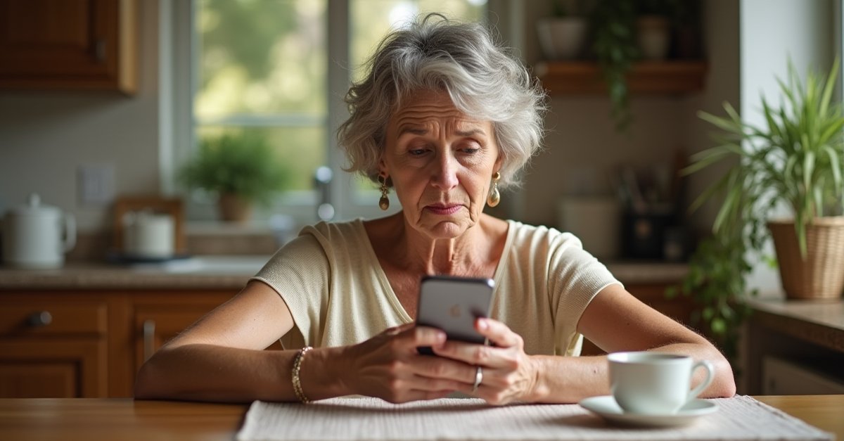 Woman looking concerned at her phone while checking a suspicious text message