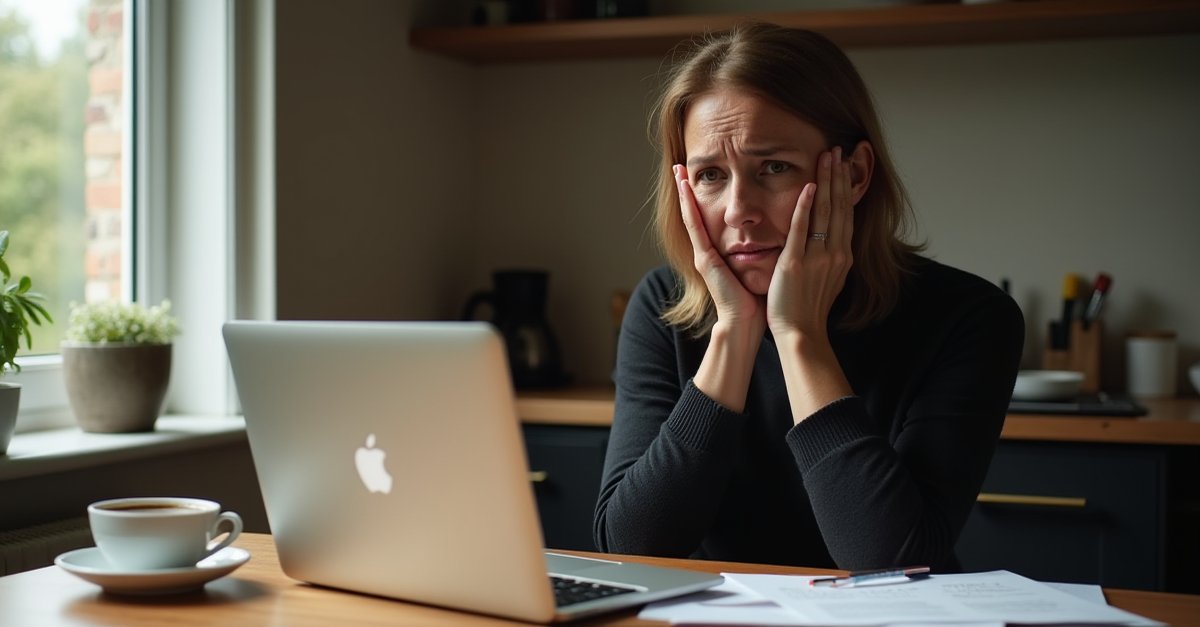 Woman looking concerned at laptop screen, worried expression, sitting at kitchen table