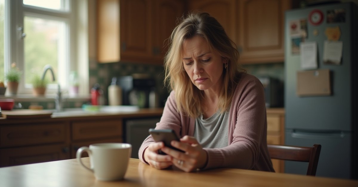 A worried woman looking at her mobile phone at a kitchen table, concerned about a suspicious call