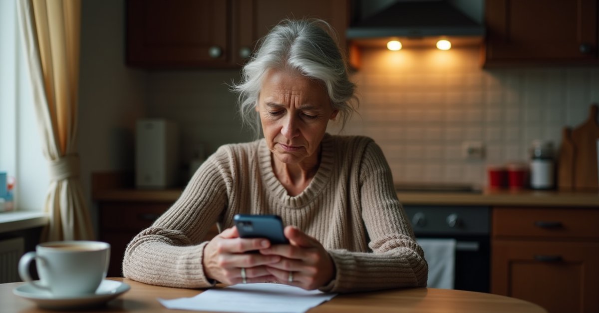 Person at a kitchen table looking worried at a smartphone