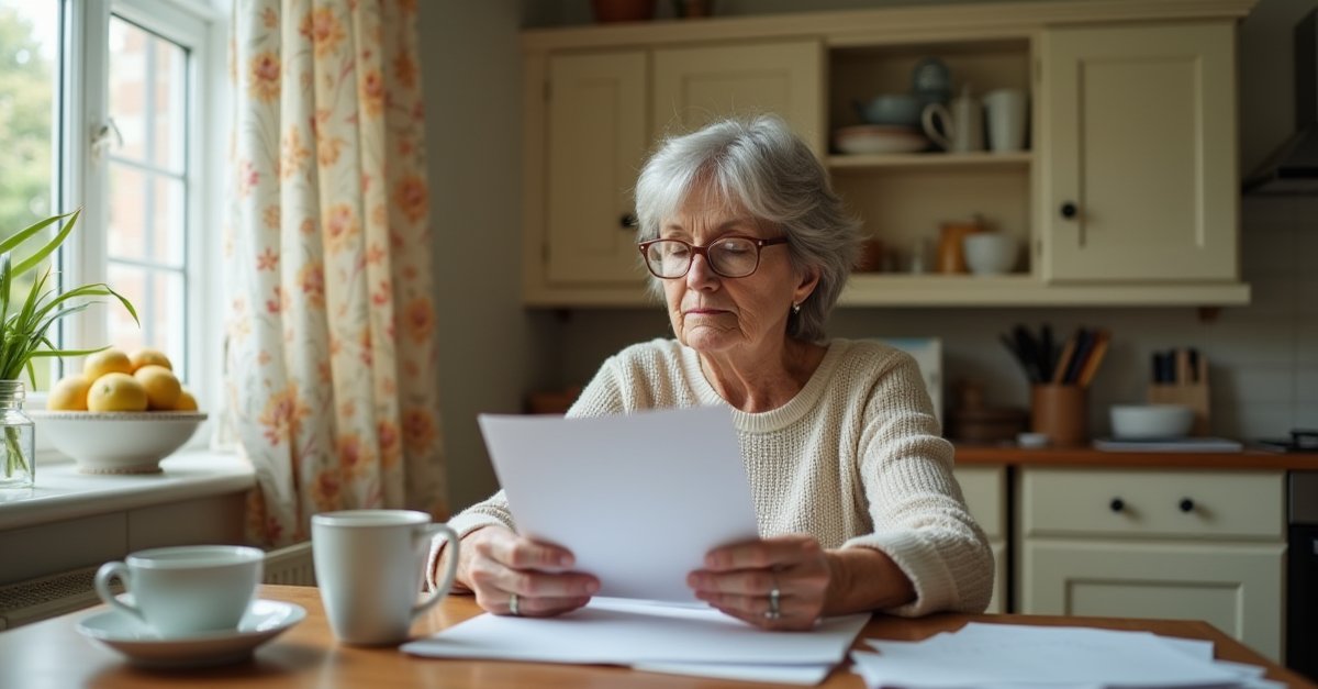 Woman at kitchen table looking worried at mail, mug of tea nearby