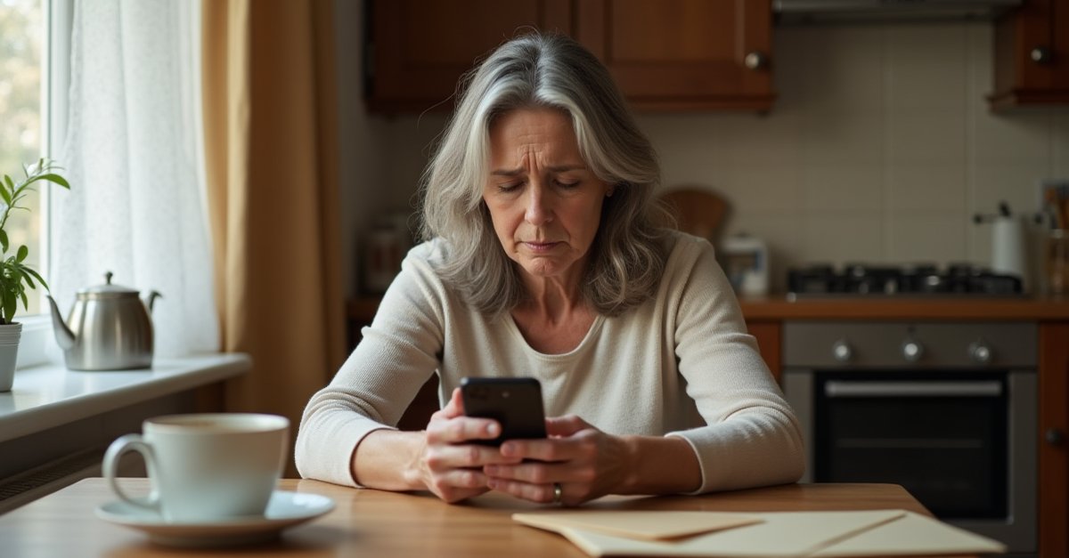 Woman looking worried at her phone showing an incoming call