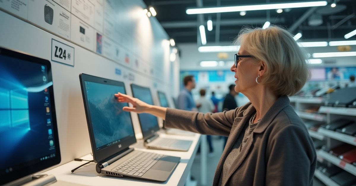 Person in an electronics shop looking at laptop display models
