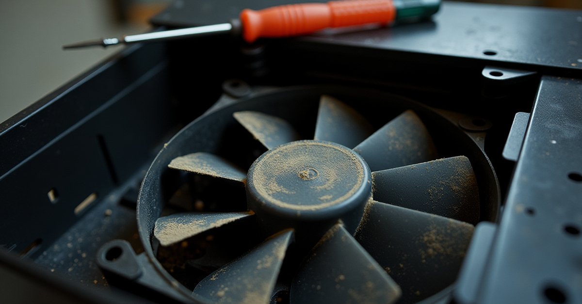 Desktop PC with side panel open showing dusty fans