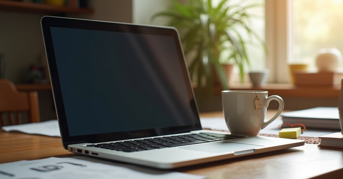 Laptop showing Windows settings on a desk with a coffee mug