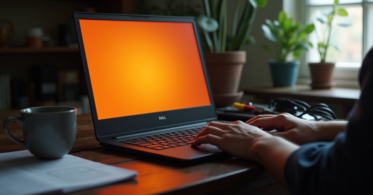 Laptop on a cluttered home desk with an amber notification glow from the screen