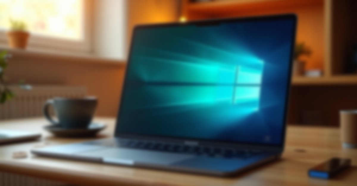 Laptop on a home desk with a blue update screen glow