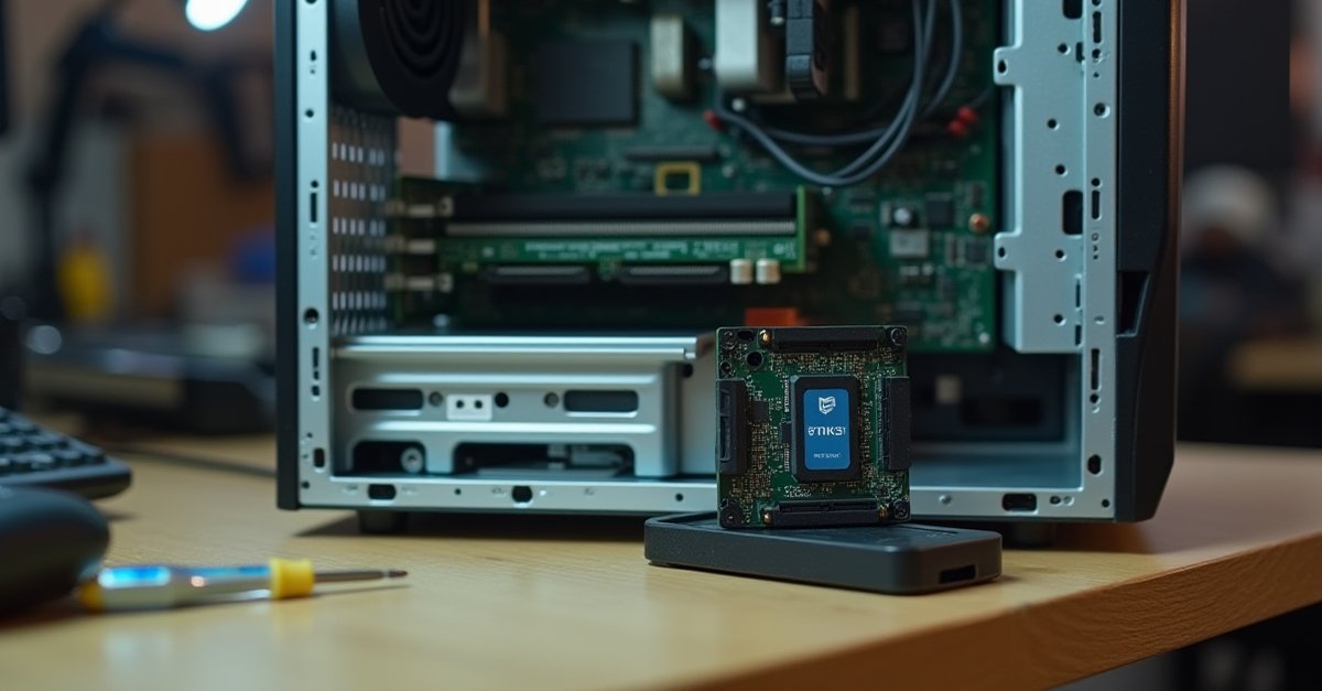RAM stick and SSD next to an open PC case ready for upgrades